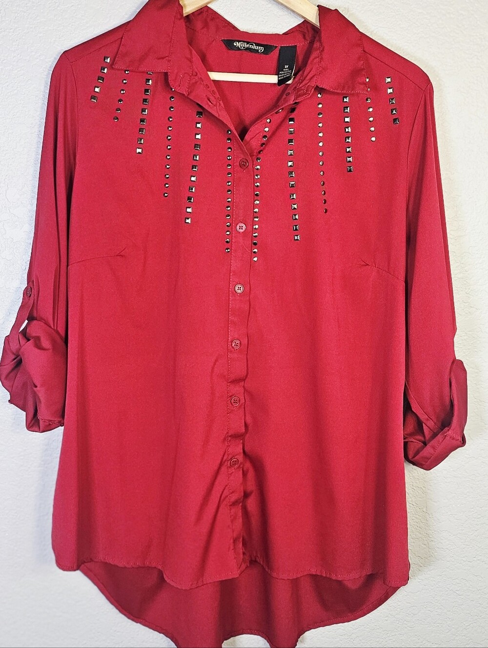 Millenium 1X Red Burgundy Studded Roll Tab Button Down Blouse